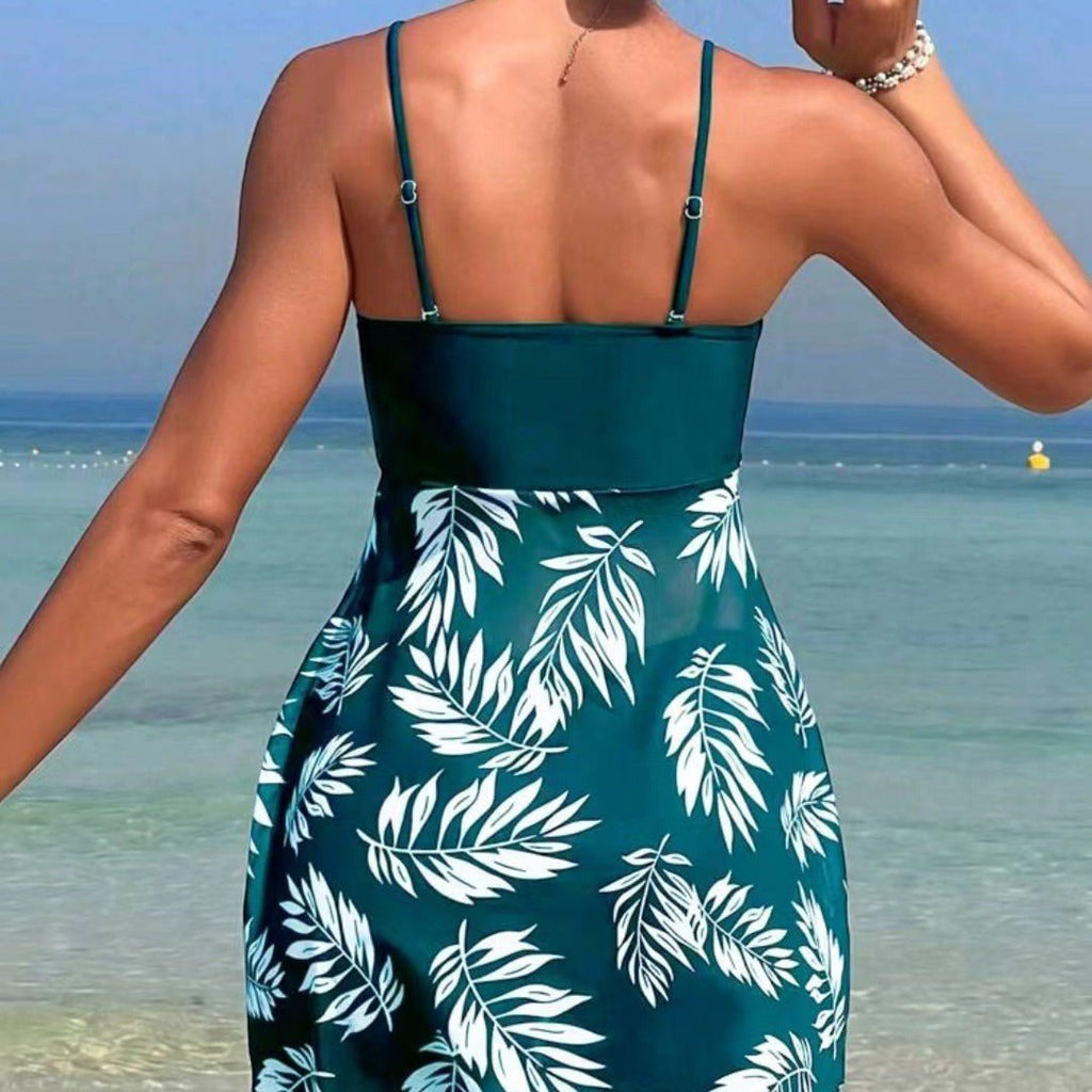 ZOFIA ATELIER Marta mesh waist swim set in dark green with white leaf print, high-waist boxer bottoms.