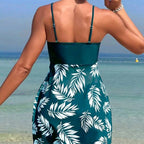 ZOFIA ATELIER Marta mesh waist swim set in dark green with white leaf print, high-waist boxer bottoms.