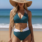ZOFIA ATELIER Marta halter bikini swimwear in teal with white trim and seashell buckle. Polyester fabric.