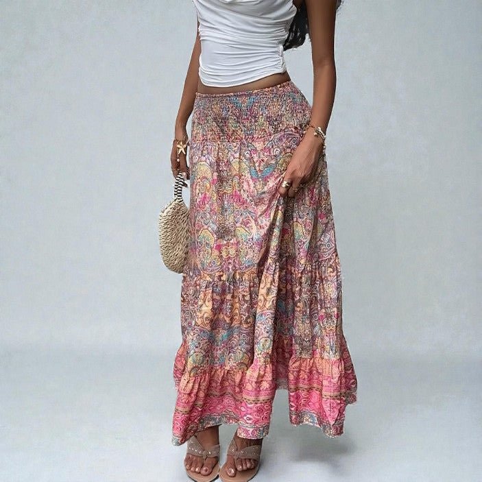 ZOFIA ATELIER GRAŻYNA artistic vintage maxi skirt with a colorful paisley print, elastic waistband, and tiered ruffles.