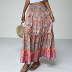 ZOFIA ATELIER artistic vintage maxi skirt with a colorful paisley print, tiered ruffles, and elastic waistband.