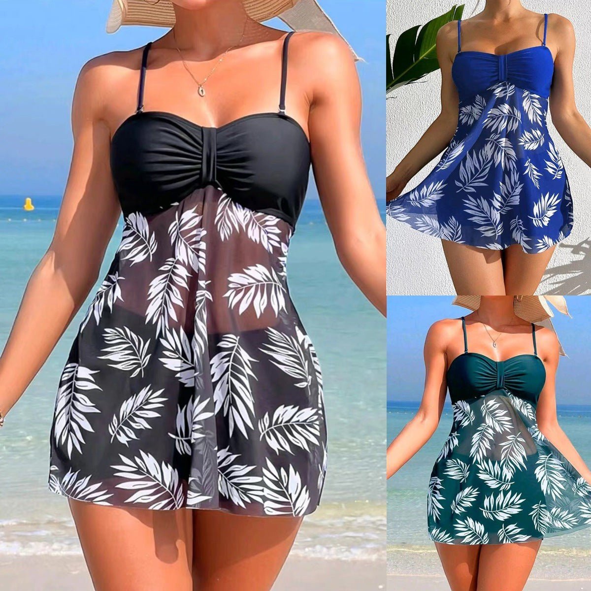 ZOFIA ATELIER MARTA mesh waist swim set with leaf print, featuring a black bust and sheer skirt. Available in blue, green, and black.