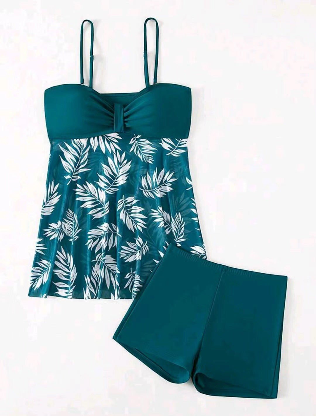 ZOFIA ATELIER teal mesh waist swim set with white leaf print and high-waist boxer bottoms.