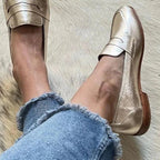 ZOFIA ATELIER MILA classic gold comfort loafers in metallic leather with a polished silhouette and flexible fit.