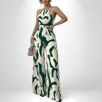 ZOFIA ATELIER white and green abstract print halter neck sleeveless wide-leg jumpsuit with elastic waist.
