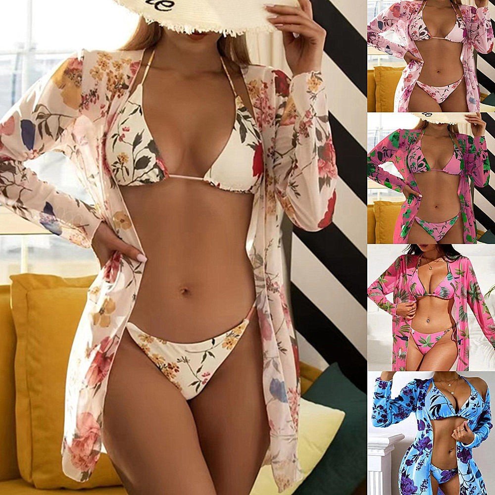 ZOFIA ATELIER Mirela mesh resort swim set with floral print bikini and sheer kimono cover-up.