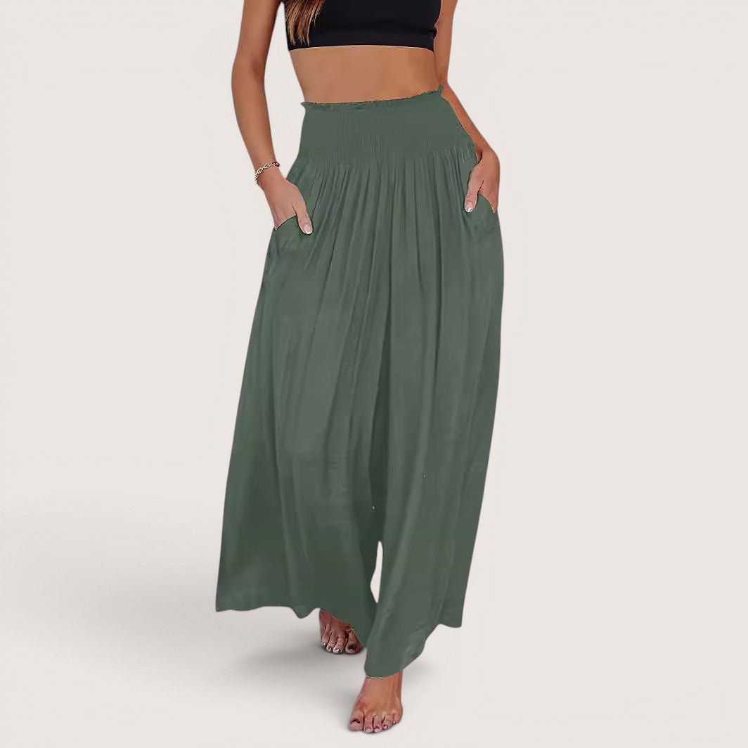 ZOFIA ATELIER Monika casual smocking trousers in ocean green polyester with elastic waist and pockets.