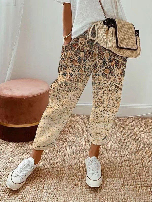ZOFIA ATELIER multi-color abstract pattern cropped cotton-linen pants with a loose fit and drawstring waist.