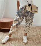 ZOFIA ATELIER multi-color patterned cropped cotton-linen pants with a loose fit and drawstring waist.