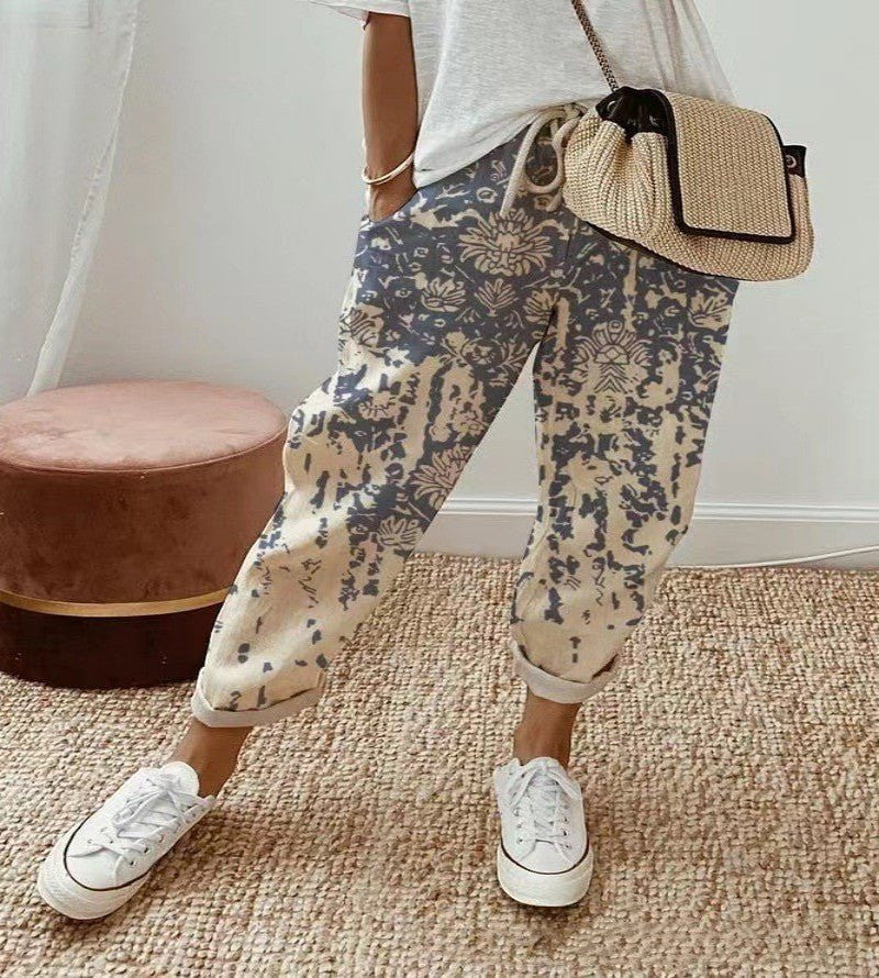 ZOFIA ATELIER multi-color patterned cropped cotton-linen pants with a loose fit and drawstring waist.