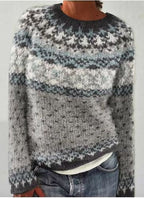 ZOFIA ATELIER multicolor loose pullover sweater with geometric pattern in grey, blue, and white, acrylic blend.