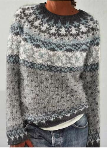 ZOFIA ATELIER multicolor loose pullover sweater with geometric pattern in grey, blue, and white, acrylic blend.