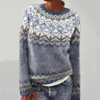 ZOFIA ATELIER Sylwia multicolor loose pullover sweater with geometric pattern in pink, blue, and white. Acrylic blend.
