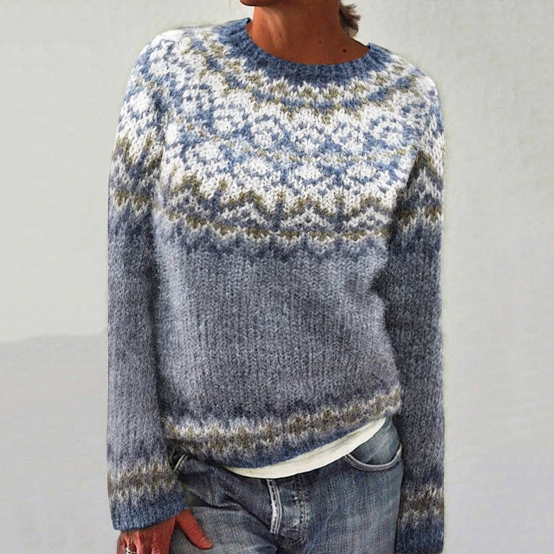 ZOFIA ATELIER Sylwia multicolor loose pullover sweater with geometric pattern in pink, blue, and white, acrylic blend.