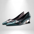 ZOFIA ATELIER Natalia low-heel pointed pumps in green with sequin detail and metallic accents on the heel.