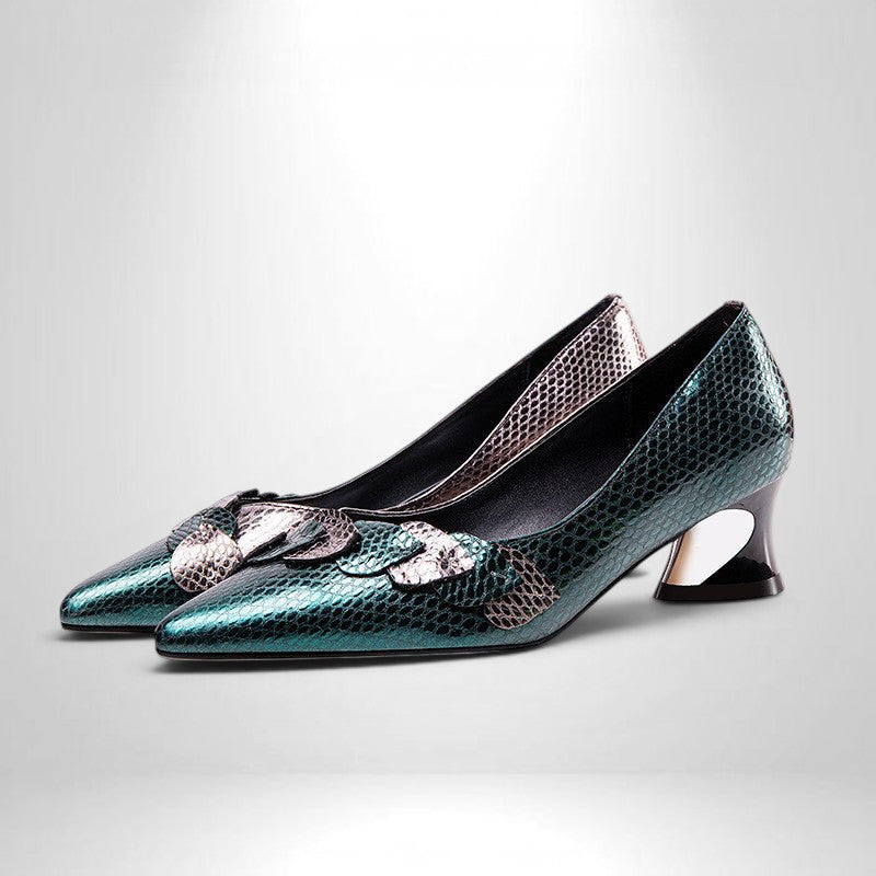 ZOFIA ATELIER Natalia low-heel pointed pumps in green with sequin detail and metallic accents on the heel.
