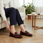 ZOFIA ATELIER Natalia patent square toe loafers in deep burgundy. Flat, slip-on style with gold buckle detail.