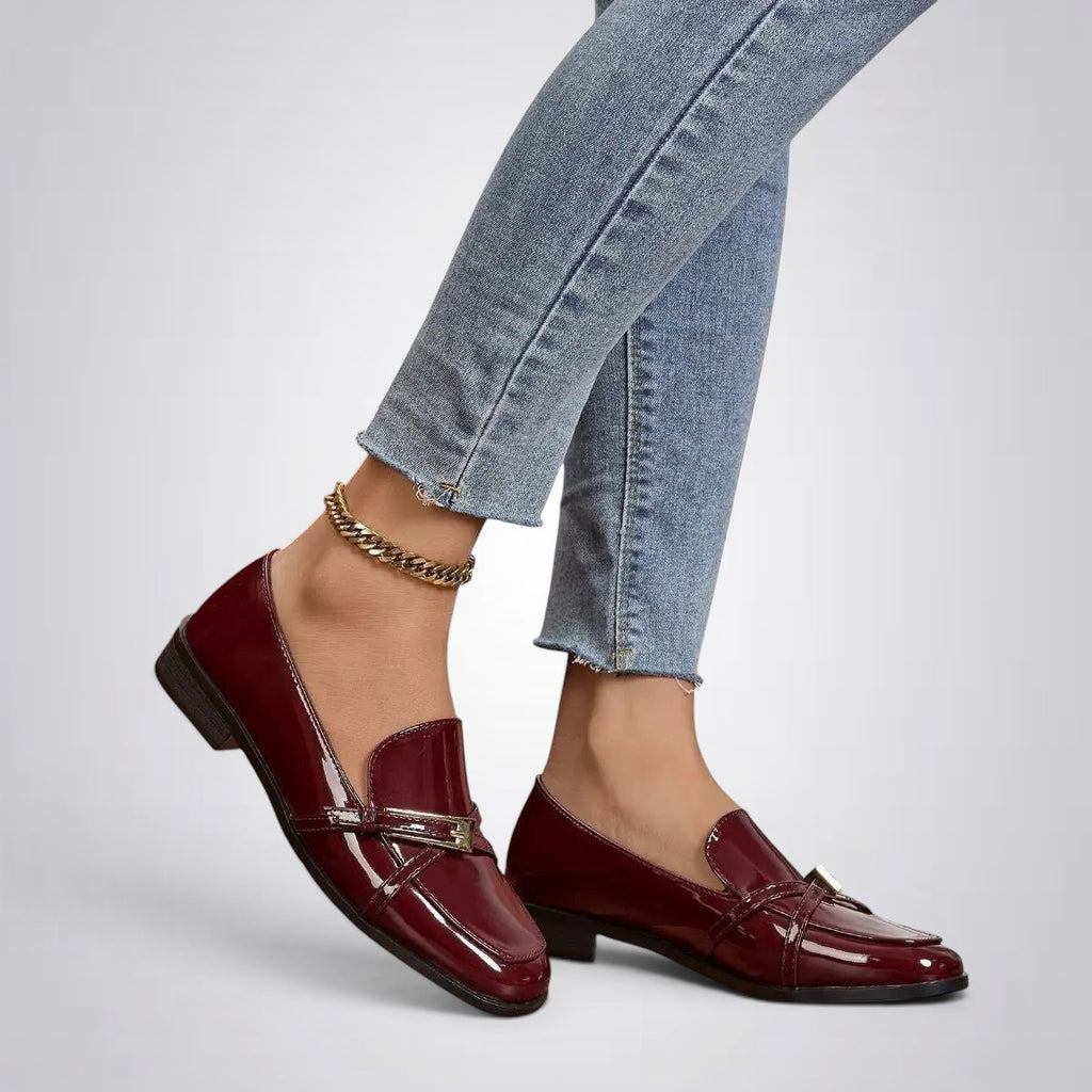ZOFIA ATELIER Natalia patent square toe loafers in burgundy. Flat sole, slip-on style, and gold hardware detail.