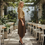 ZOFIA ATELIER Natalia pleated midi skirt in khaki, made of 100% polyester with a high-waist design and fluid movement.