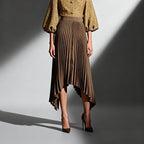 ZOFIA ATELIER Natalia pleated midi skirt in khaki, 100% polyester, high-waist design with an asymmetrical hem.