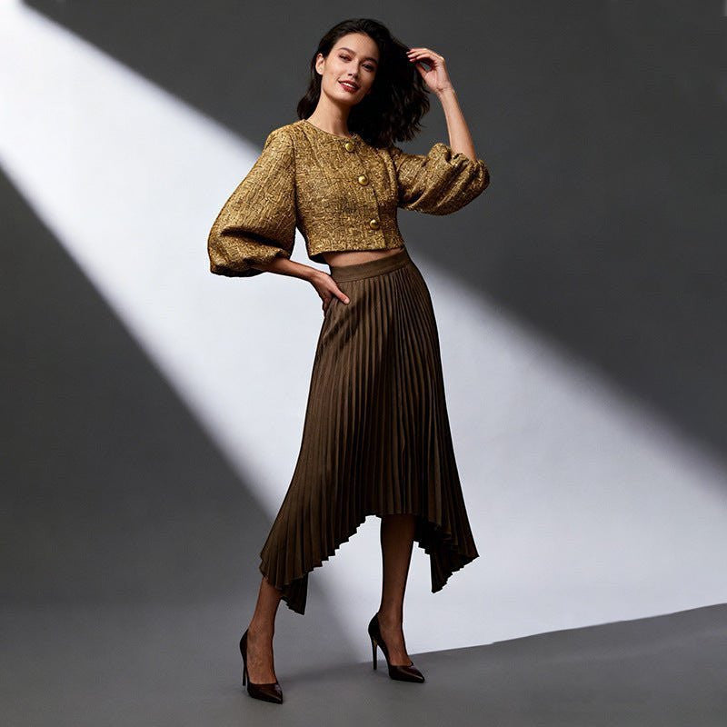 ZOFIA ATELIER Natalia pleated midi skirt in khaki polyester with a high-waist design and asymmetrical hem.