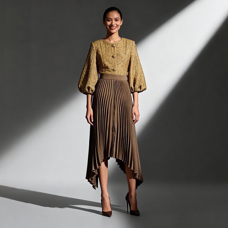 ZOFIA ATELIER Natalia pleated midi skirt in khaki polyester with a high-waist and asymmetrical hem.