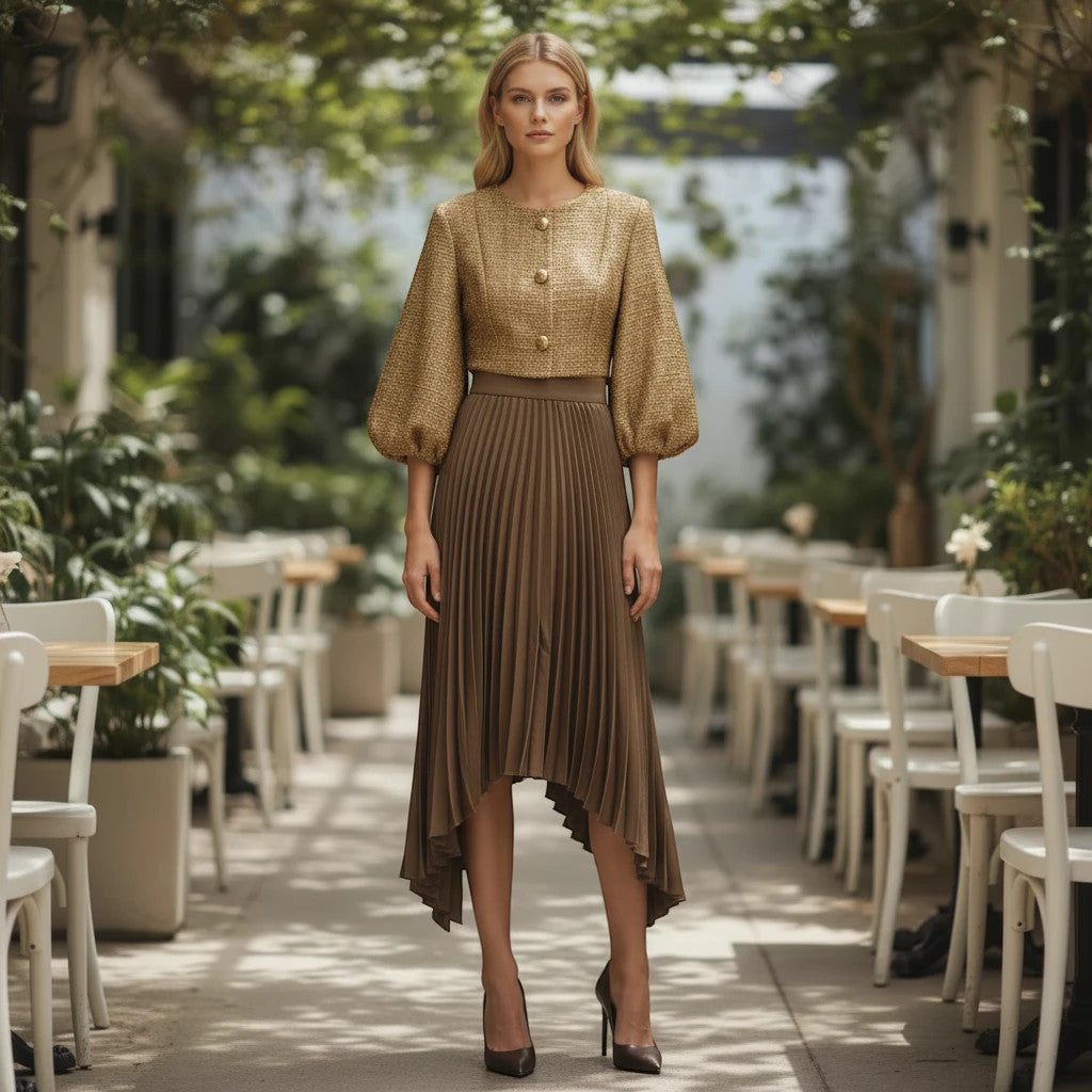 ZOFIA ATELIER Natalia pleated midi skirt in khaki polyester with a high-waist design and asymmetrical hem.