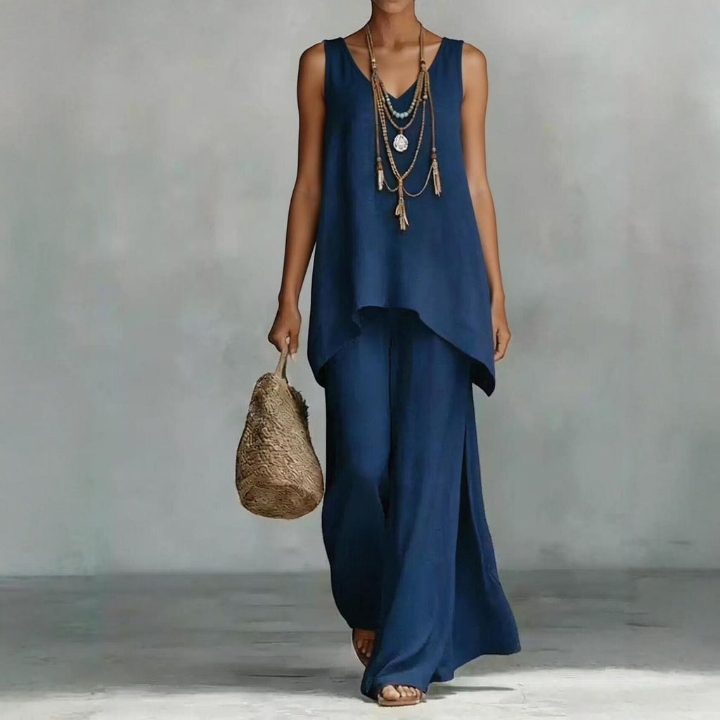 ZOFIA ATELIER navy blue bohemian wide-leg set with V-neck sleeveless top and flowing pants.