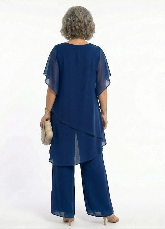 ZOFIA ATELIER navy blue chiffon suit set with quarter sleeves and wide-leg trousers.