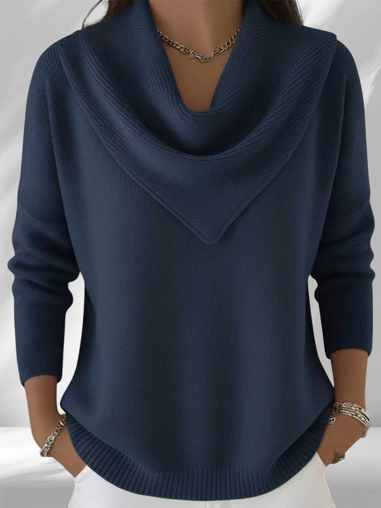 ZOFIA ATELIER navy blue polyester knit sweater top with cowl neck and loose fit