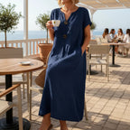 ZOFIA ATELIER navy blue short sleeve midi dress with wooden buttons, loose fit, perfect for travel and casual wear.