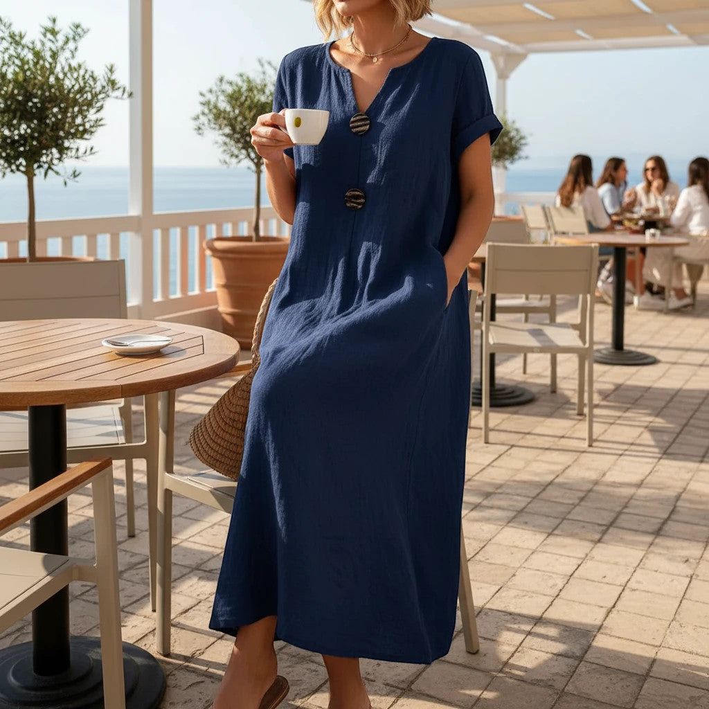 ZOFIA ATELIER navy blue short sleeve midi dress with wooden buttons, loose fit, perfect for travel and casual wear.