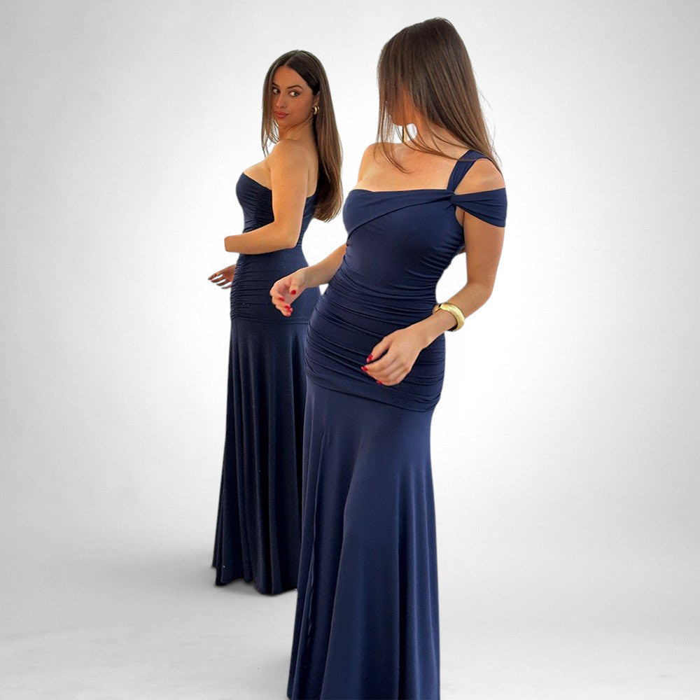 ZOFIA ATELIER navy blue polyester slim fit slit dress with oblique shoulder and high waist, floor length