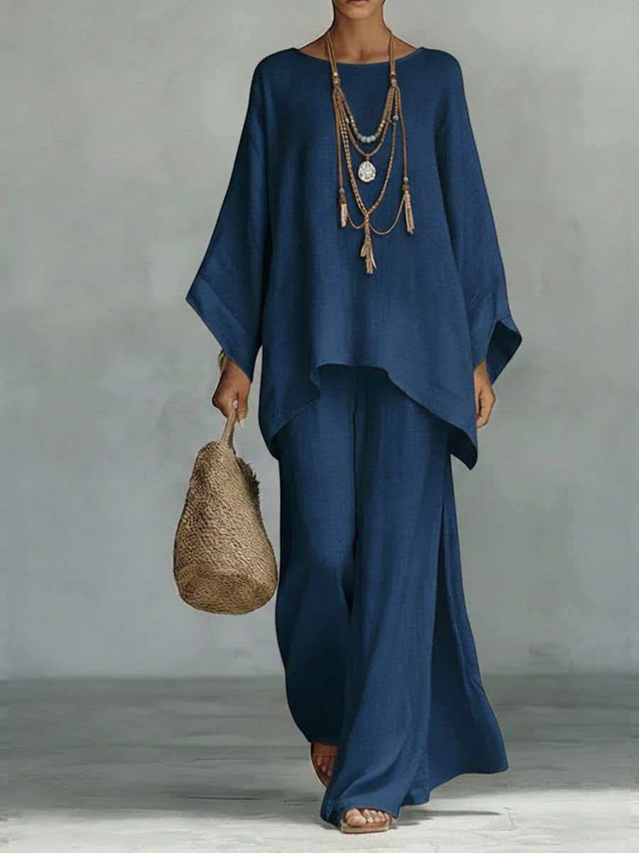 ZOFIA ATELIER navy blue relaxed-fit polyester long sleeve top and wide leg pants set with layered necklace