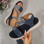 ZOFIA ATELIER navy blue PU beach sandals with elastic straps and Velcro closure, round toe, vulcanized sole.
