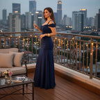 ZOFIA ATELIER navy blue polyester A-line maxi dress with ruched detailing and off-the-shoulder sleeves.