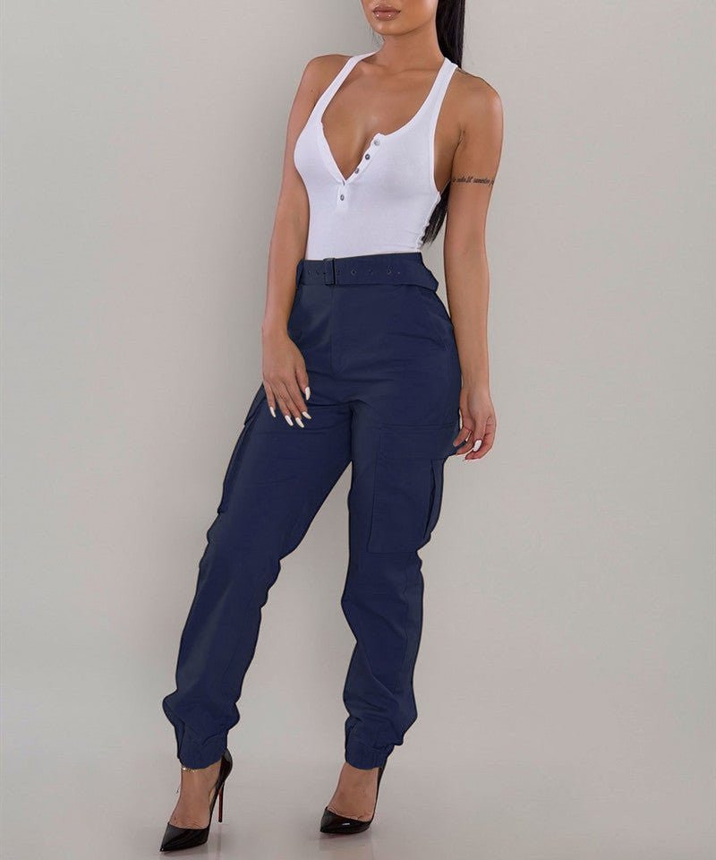 ZOFIA ATELIER navy blue slim-fit cargo overalls with high waist and zipper detail