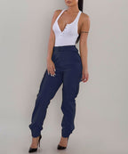 ZOFIA ATELIER navy blue slim-fit cargo overalls with high waist and zipper detail
