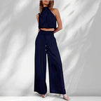 ZOFIA ATELIER navy blue sleeveless halter crop top and wide-leg trousers set made of regenerated cellulose fiber.