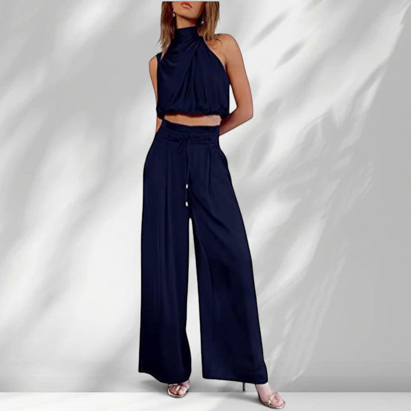 ZOFIA ATELIER navy blue sleeveless halter crop top and wide-leg trousers set made of regenerated cellulose fiber.