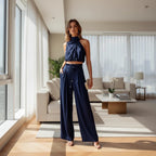 ZOFIA ATELIER navy blue sleeveless halter crop top and wide-leg trousers set made of regenerated cellulose fiber.