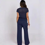 ZOFIA ATELIER navy blue crew-neck sweater with hollow-out detail and wide-leg pants set