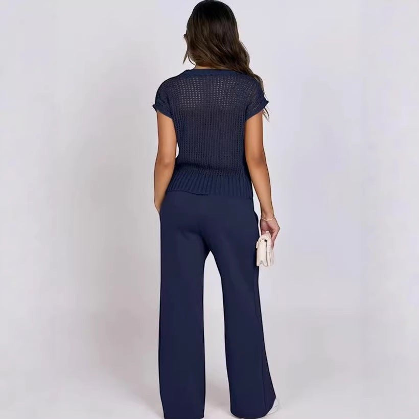 ZOFIA ATELIER navy blue crew-neck sweater with hollow-out detail and wide-leg pants set