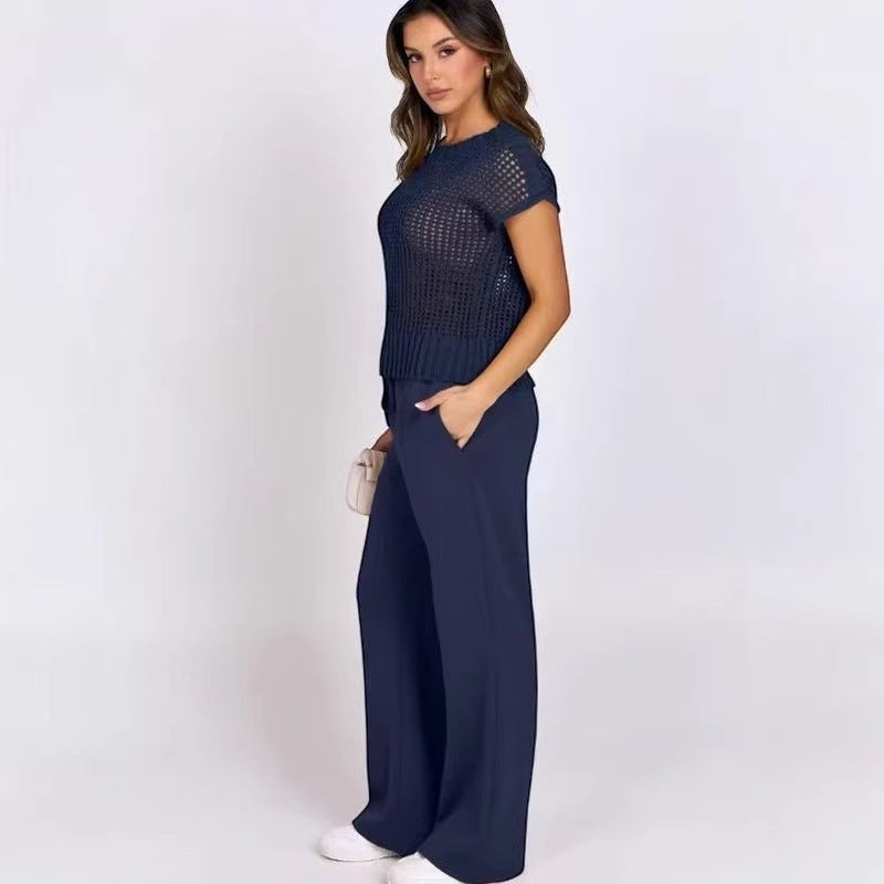 ZOFIA ATELIER navy blue crew-neck sweater with hollow-out detail and wide-leg pants set