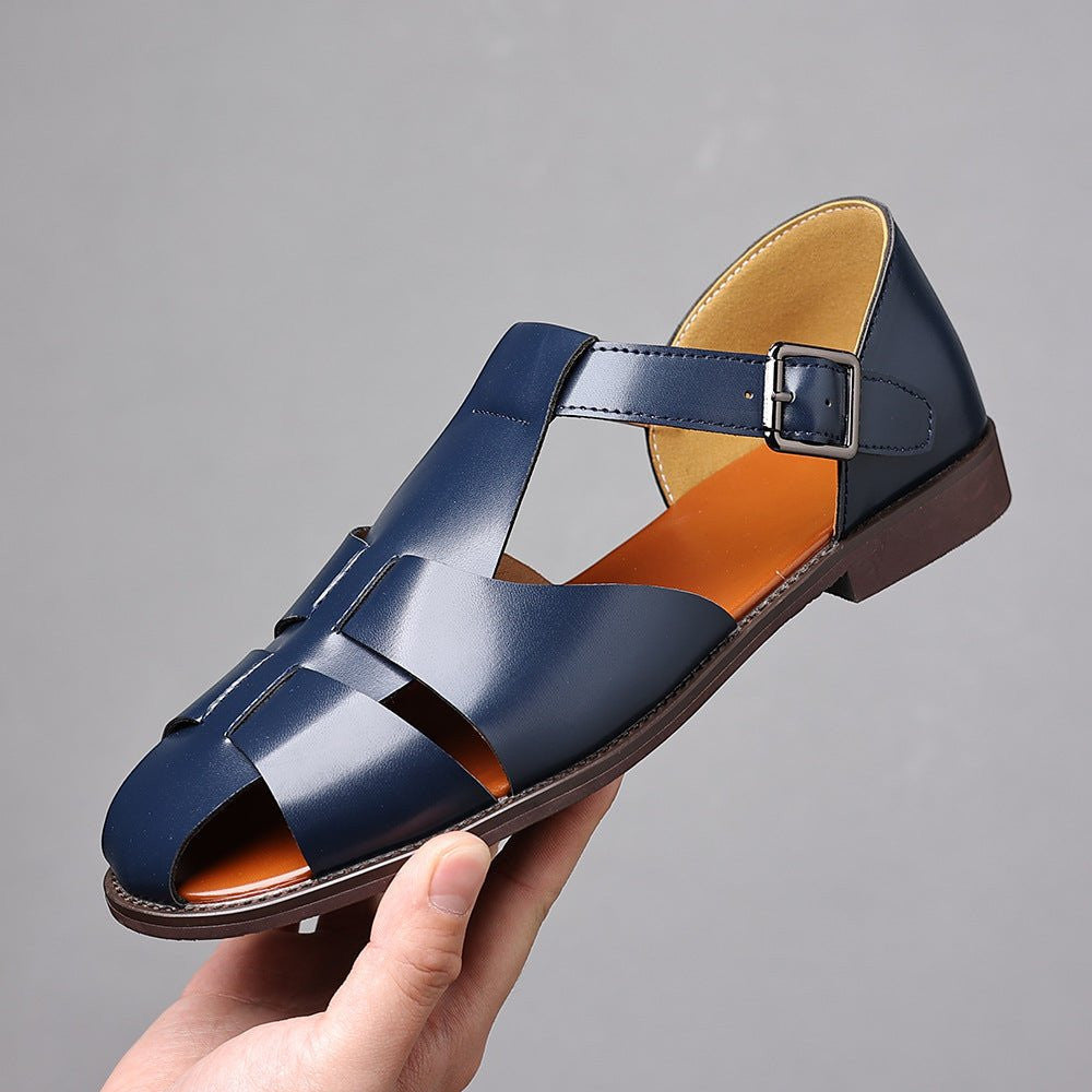 ZOFIA ATELIER navy blue PU leather woven casual sandals with buckle strap and rubber sole.