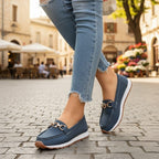 ZOFIA ATELIER navy blue leather loafers with gold chain detail and white platform sole