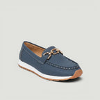 ZOFIA ATELIER navy blue faux leather loafers with gold chain detail and white stitching on a platform sole.