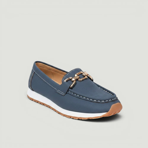 ZOFIA ATELIER navy blue faux leather loafers with gold chain detail and white stitching on a platform sole.