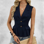 ZOFIA ATELIER navy blue chenille vest with bow-tie V-neck and button front, A-line fit.