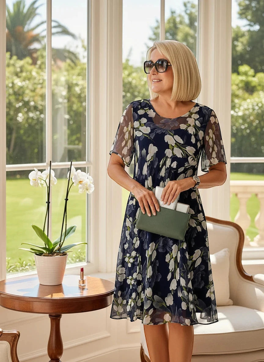 ZOFIA ATELIER navy chiffon dress with white floral print, A-line skirt, high waist, and flutter sleeves.